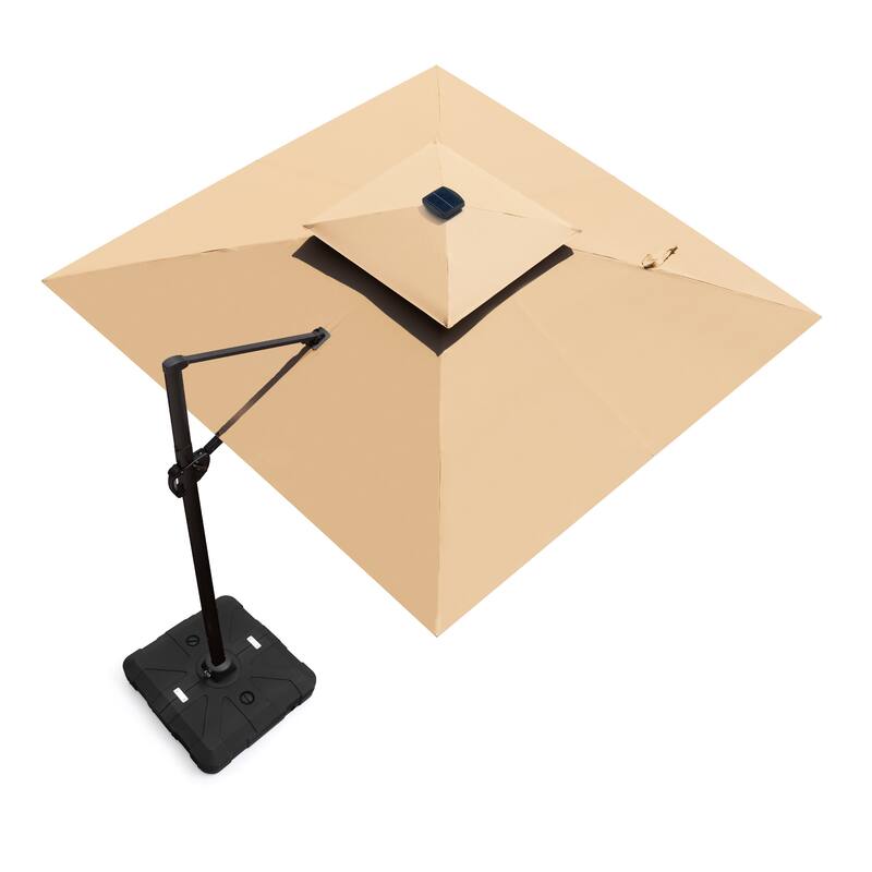 11 ft Outdoor Solar Powered LED Aluminum Patio Cantilever Umbrella with Weighted Base - Tan