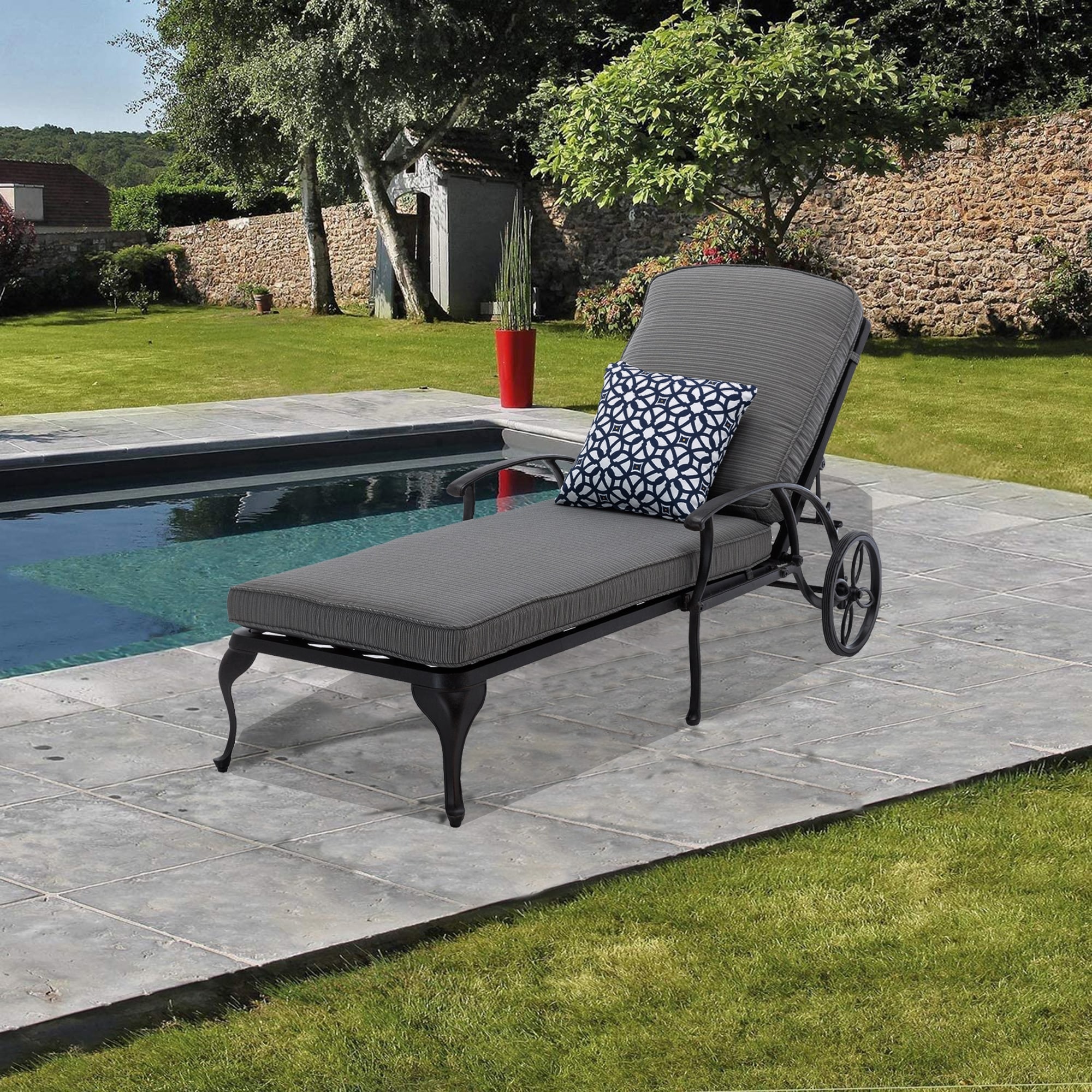 Cast aluminum chaise lounge with shop wheels