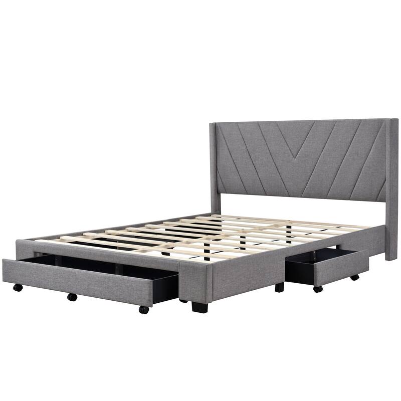 Queen Size Storage Bed Linen Upholstered Platform Bed with 3 Drawers