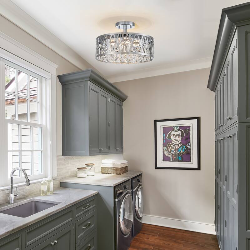 LED Semi-Flush Mount Ceiling Light Metal Carved Shade Crystal Accents - Dia.13.78-in