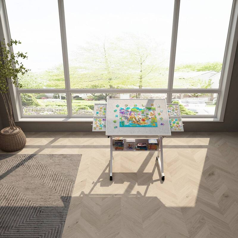 Tiltable Puzzle Table with Trays and Lockable Wheelsa - White