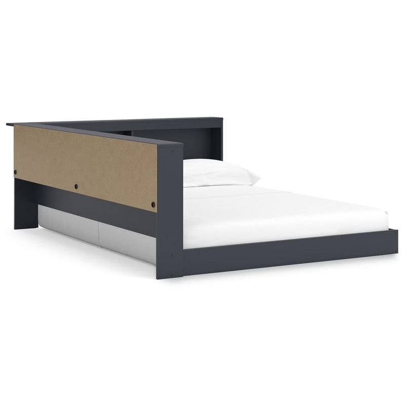 Corner Bookcase Platform Floor Bed with USB Charging Ports Engineered Wood Storage Headboard