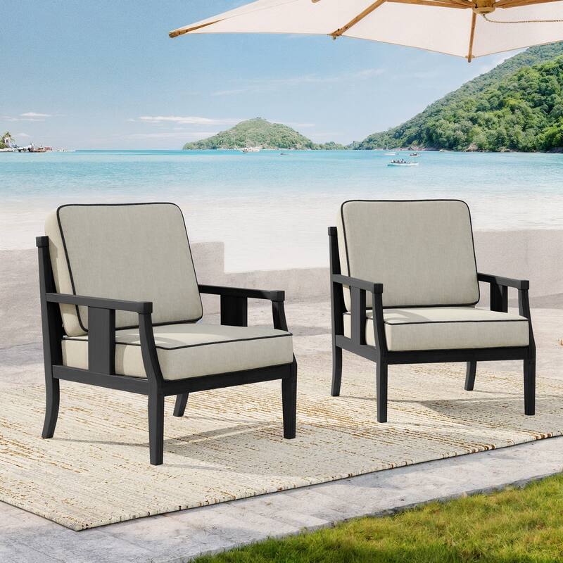 Black Wood Patio Accent Chairs with Water-Resistant Cushions - Light Camel