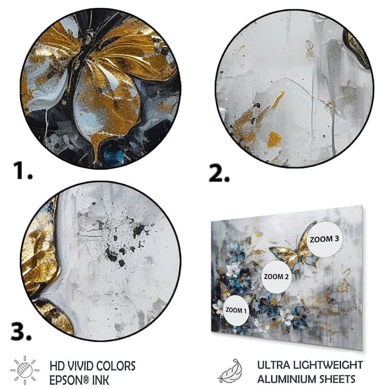 Designart "Golden Blue Butterfly Wings And Flowers III" Floral Metal Wall Art