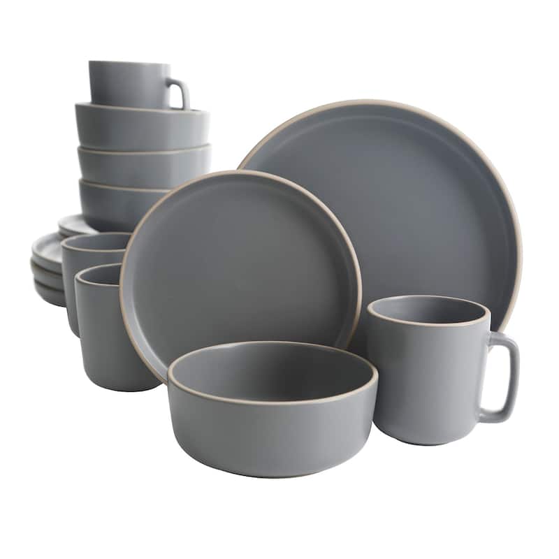 Gibson Home Zuma 16 Piece Stoneware Plates, Bowls, & Mugs Dinnerware Set - Matte White - Grey