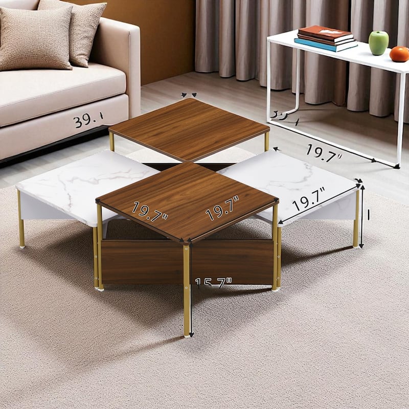 Modern Nesting Coffee Table Set of 4, Square Accent Tables with Adjustable Shape, Marble Finish & Metal Legs