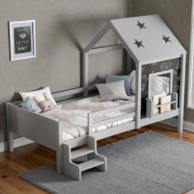 Kids House Platform Bed with Stairs, Star Roof, Window, Bookcase & Blackboard, Solid Wood Low Profile Bed No Box Spring
