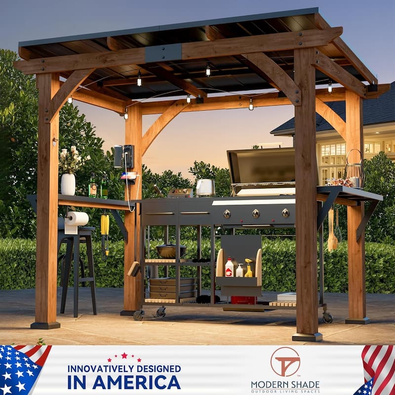 Cedar Wood Gazebo with Shelves and Paper Towel Holder, Patio Pavilion with Galvanized Steel Roof, USB and USB-C Charging Ports