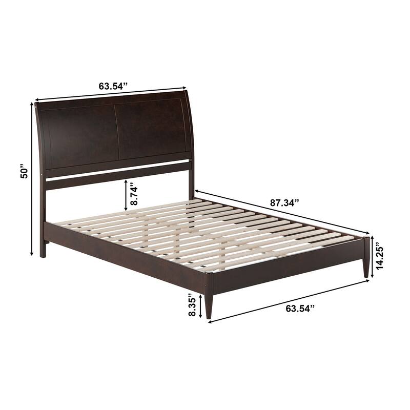 Queen Size Wood Platform Bed - Low Profile Sleigh Design, Espresso Finish, Slats Included