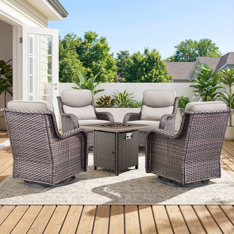 Pocassy Outdoor Propane Fire Pit Table with Sofa Swivel Chair Funiture Set. - Brown Wicker Beige Cushion - 5-Piece Swivel Chair w/ Fie Pit Table