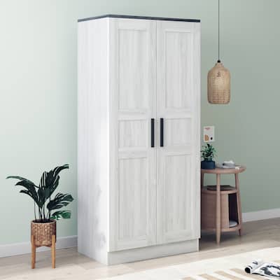 2 Door Wardrobe Armoire with LED Lights and 4 Storage Shelves, Wooden Closet Clothes Storage Cabinet with Hanging Rod, Grey