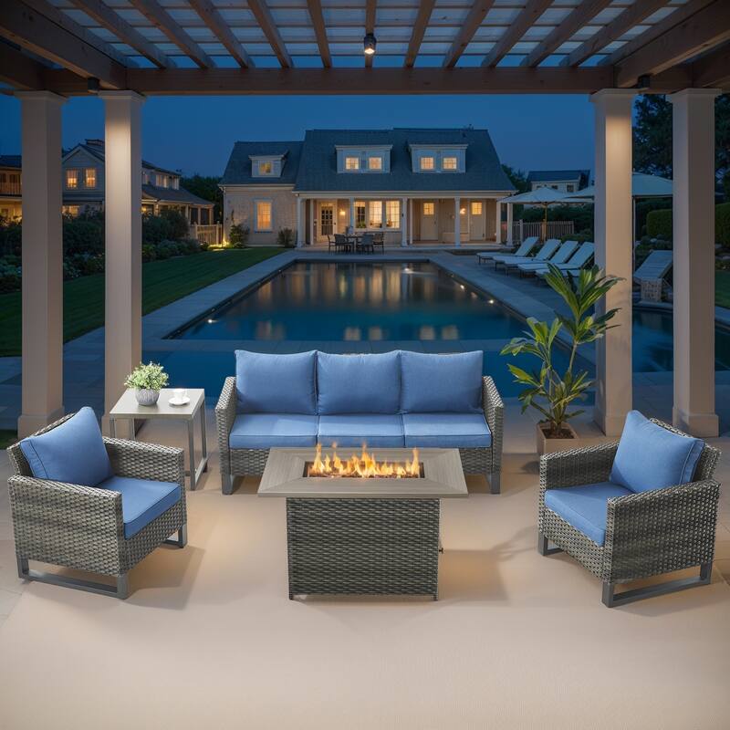 Outdoor Sofa Patio Chairs with Fire Table - Blue - Grey