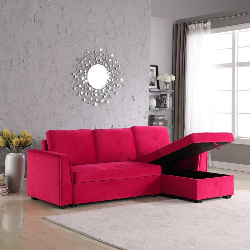 91-in. Velvet Reversible Convertible Storage Sectional/Sofa Sleeper