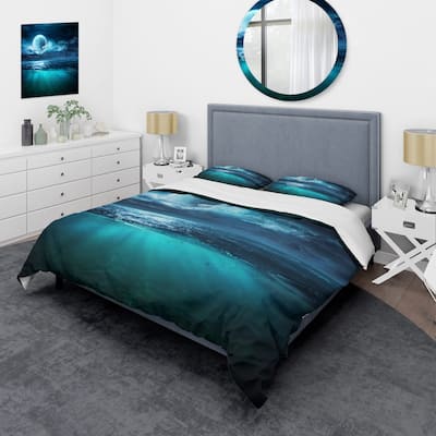 Designart 'Romantic Moon Over Deep Blue Sea II' Nautical & Coastal Duvet Cover Set