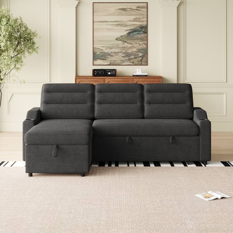 83.5-Inch Convertible Sofa Bed - Stylish Polyester Recliner with Storage for Small Spaces