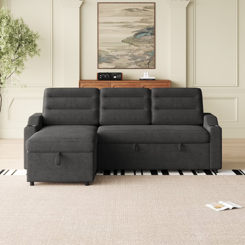 Multi-Position Sofa Bed with Pull-Out Sleeper, Chaise, and Storage for Living Room
