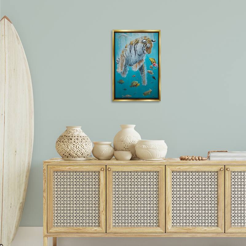 Stupell Swimming Tiger Among Fish Framed Floater Canvas Wall Art Design By Heather Gauthier