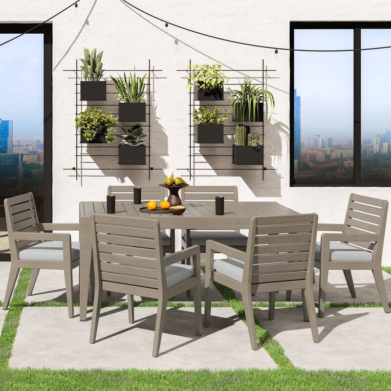 Homestyles 7-Piece Sustain Gray Wood Outdoor Dining Table and Six Armchairs Set - Gray - 7-Piece Sets