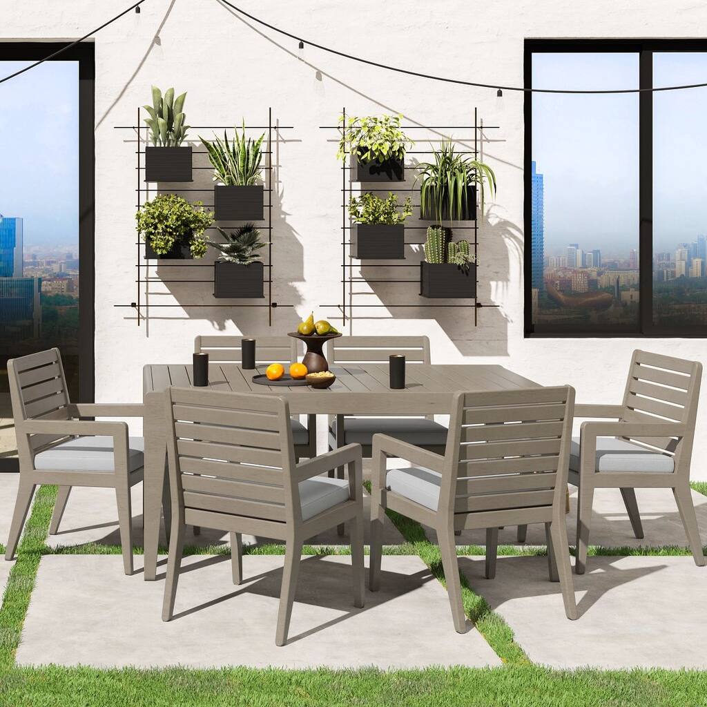 Homestyles 7-Piece Sustain Gray Wood Outdoor Dining Table and Six Armchairs Set