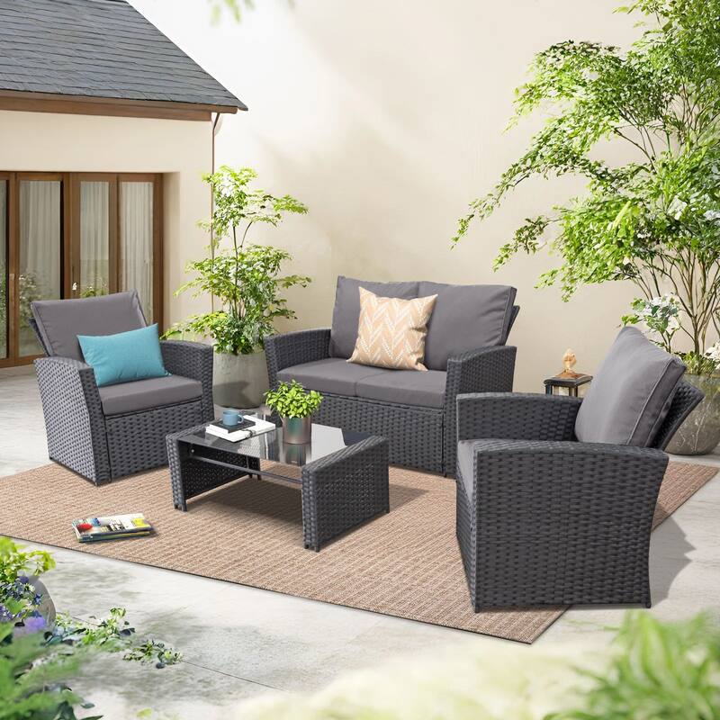 4-Piece Wicker Outdoor Sofa Set, 1 Loveseats, 2 Single Sofas, 1 Table