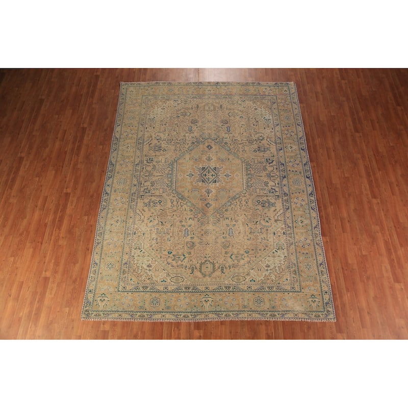 Geometric Pink Tabriz Persian Area Rug Oriental Handmade Wool Carpet - 8'0"x 10'9"
