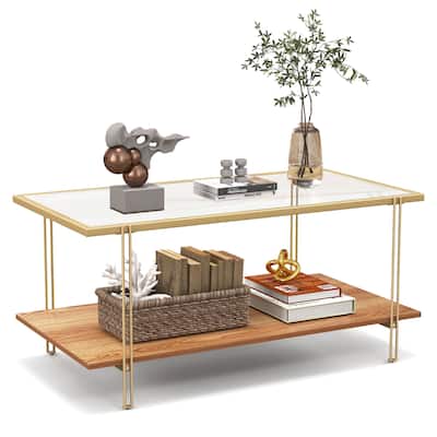 Gymax Coffee Table Rectangle Glass Top w/ Storage Shelf & Gold Steel