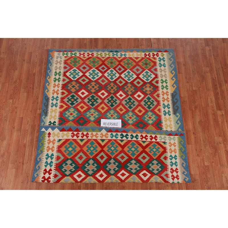 Hand Woven Oriental 100% Wool Carpet Southwestern Geometric Red Kilim Area Rug - 8' 4'' X 5' 10''