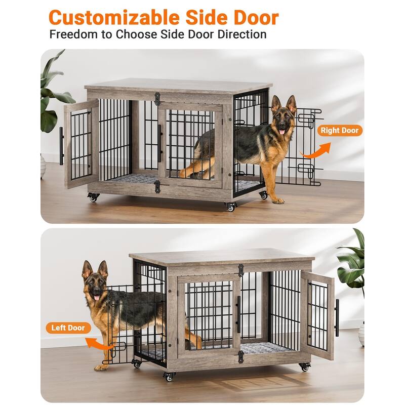 Dog Crate Furniture with Cushion Double Doors Wooden Dog Kennel