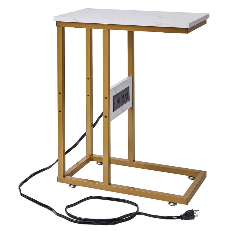 VECELO C Shaped End Table with Charging Station Sofa Table with USB Ports and Outlets C Couch Rustic Snack Bed Table - 11x19x24