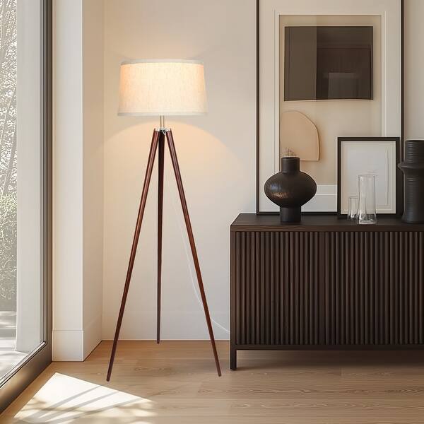 Brightech Emma 61 in. Mid-Century Modern LED Super Bright Floor Lamp with Beige Fabric Drum Shade - Walnut Brown
