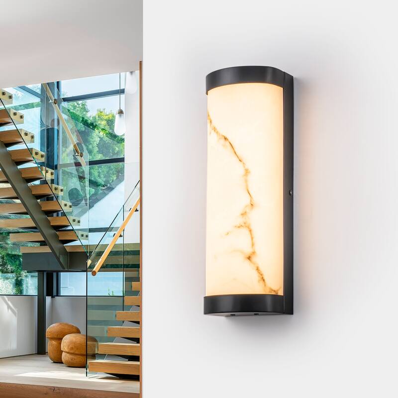 Black LED Wall Sconce Semi-Cylinder White Faux Alabaster Resin Shade