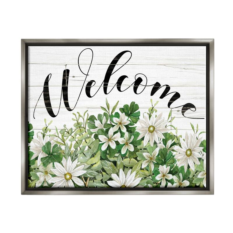 Stupell Welcome Rustic Planked Sign White Flower Blossoms Floater Frame, Design by Cindy Jacobs - 31 x 25 - Grey