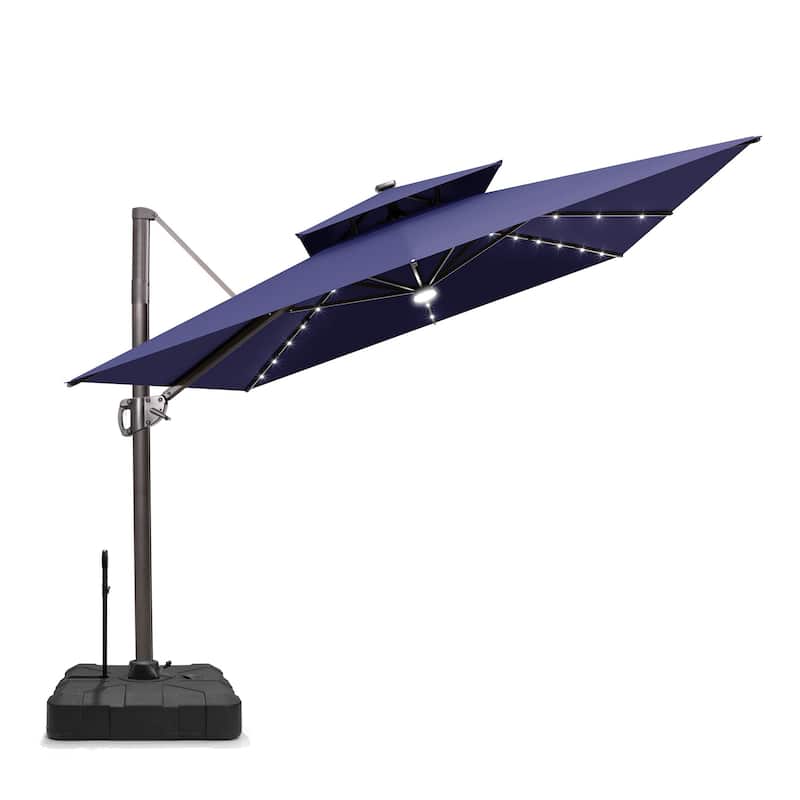 Pellebant 9x11 FT Outdoor Patio Double Top Cantilever Umbrella Solar LED Lighted with Rod Base - NavyBlue