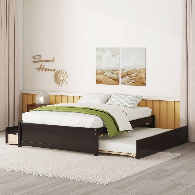 Full Size Floating Platform Bed with Twin Size Trundle & 2 Drawers, Espresso