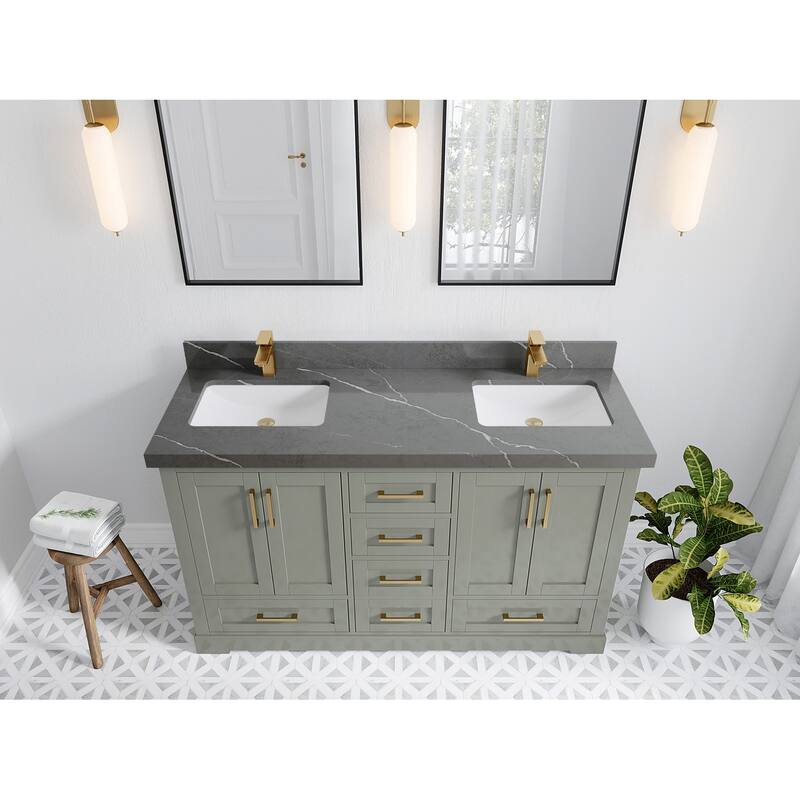 Willow Collection 60 in W x 22 in D x 36 in H Boston Double Bowl Sink Bathroom Vanity with Countertop - 2"Piatra Gray - Evergreen