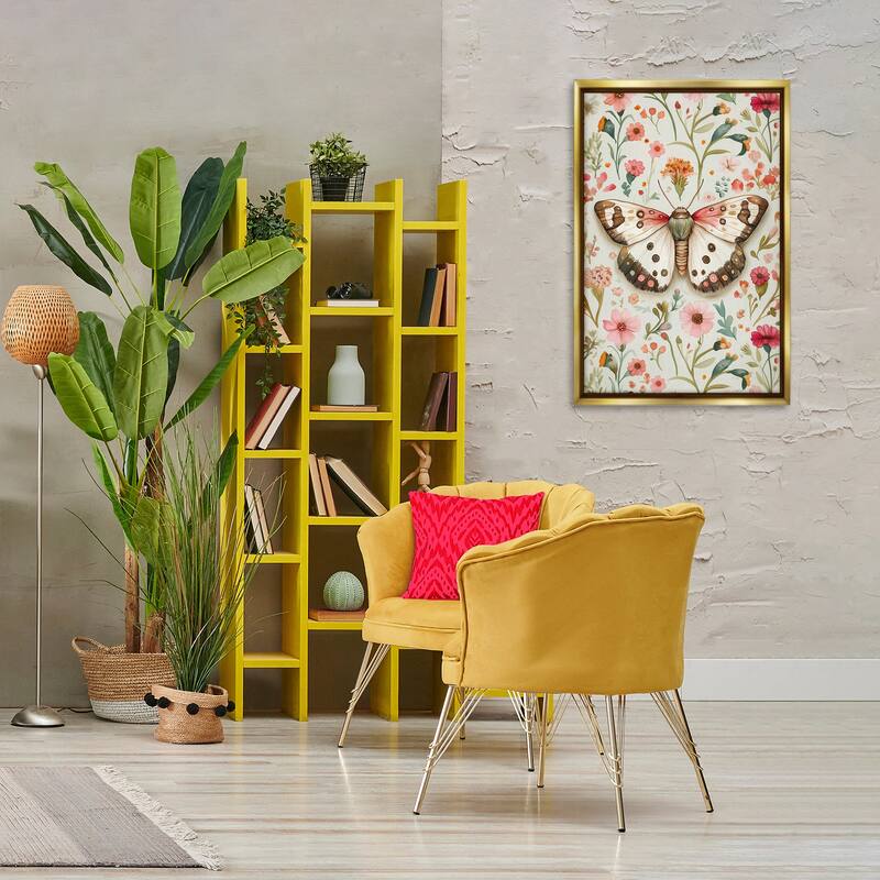 Stupell Botanical Butterfly on Florals Framed Floater Canvas Wall Art Design By The Dutch Lady