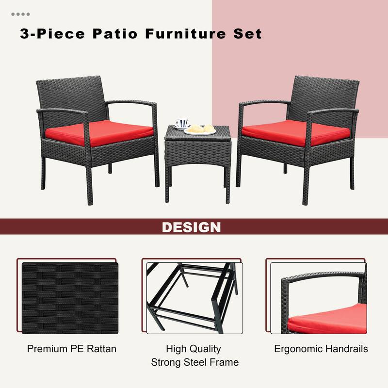 Outdoor Furniture 3 Piece Patio Bistro Furniture Set, Rattan Conversation Chairs Set with Side Table and Cushions