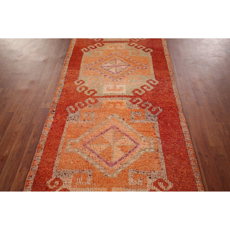 Orange Oushak Turkish Vintage Runner Rug Handmade Wool Carpet - 3'1"x 10'11"