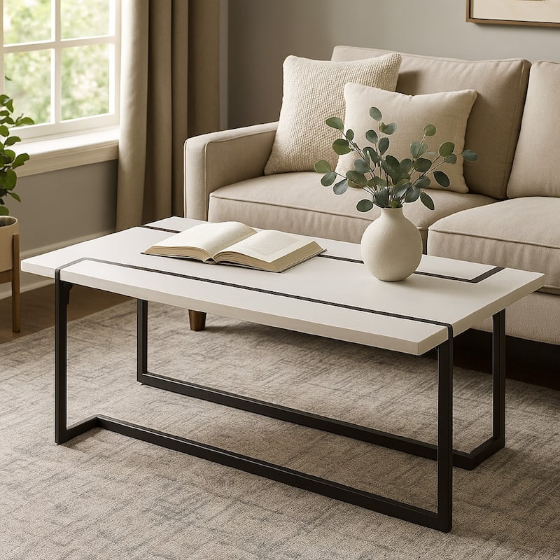 Iry Coffee Table, Black Steel Sled Base, 47 Inch, Gloss White Lacquer Top