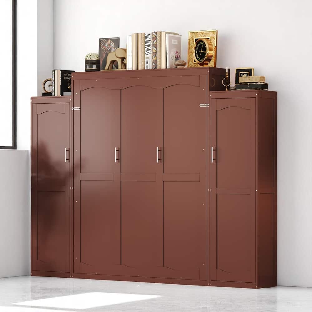 Full/Queen Murphy Bed with 2 Wardrobes and Shelf, Foldable Wall Bed Frame with Storage for Guest Room or Bedroom