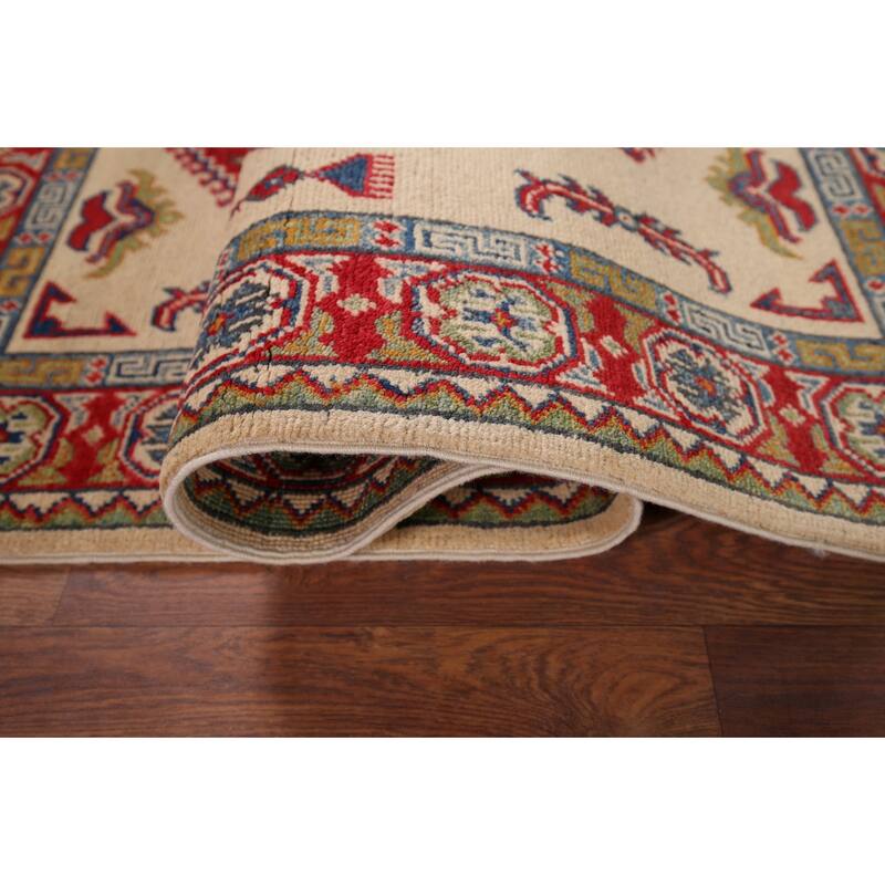 Geometric Kazak Accent Rug Hand-Knotted Beige Wool Carpet - 3'3" x 5'1"