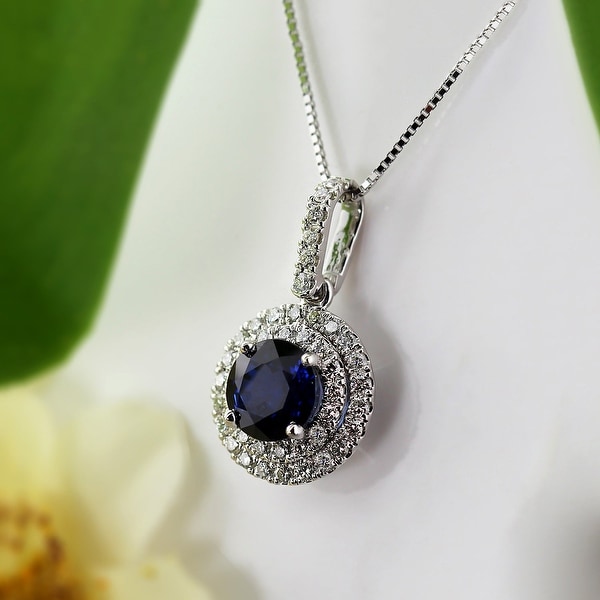Auriya 14k Gold 2ct Blue Sapphire Halo Diamond Necklace 3/5ct TDW. Opens flyout.