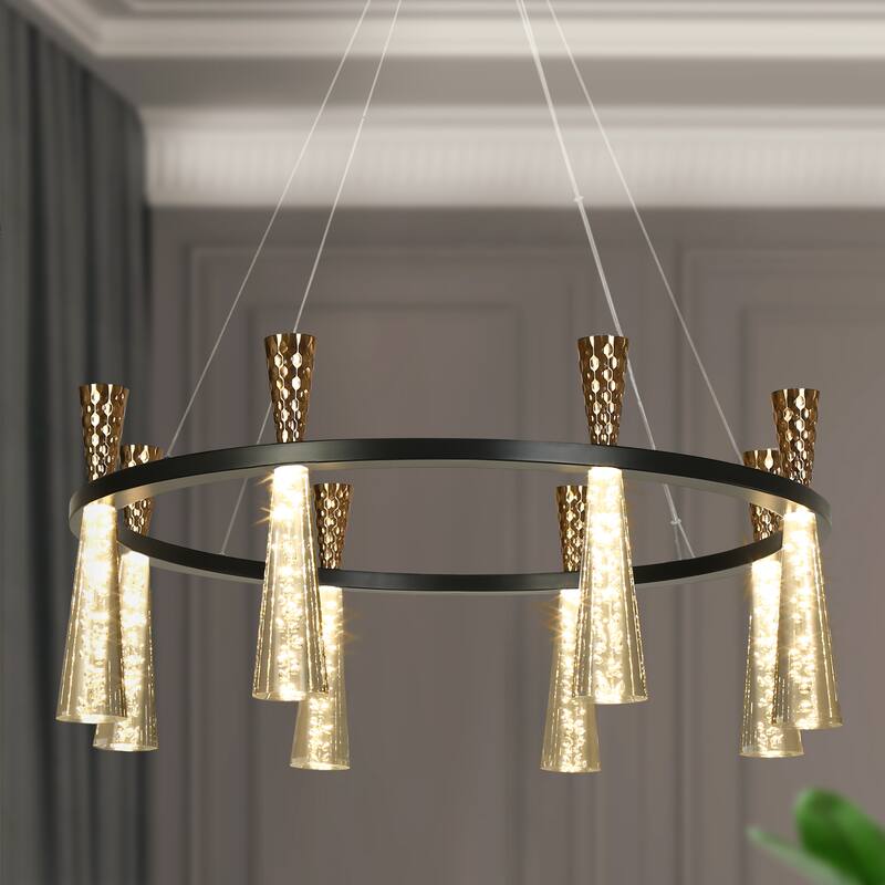 Modern LED 8-Light Wheel Black Gold Chandelier with Clear Acrylic Shades - Dia. 32.7" x H 13.3"