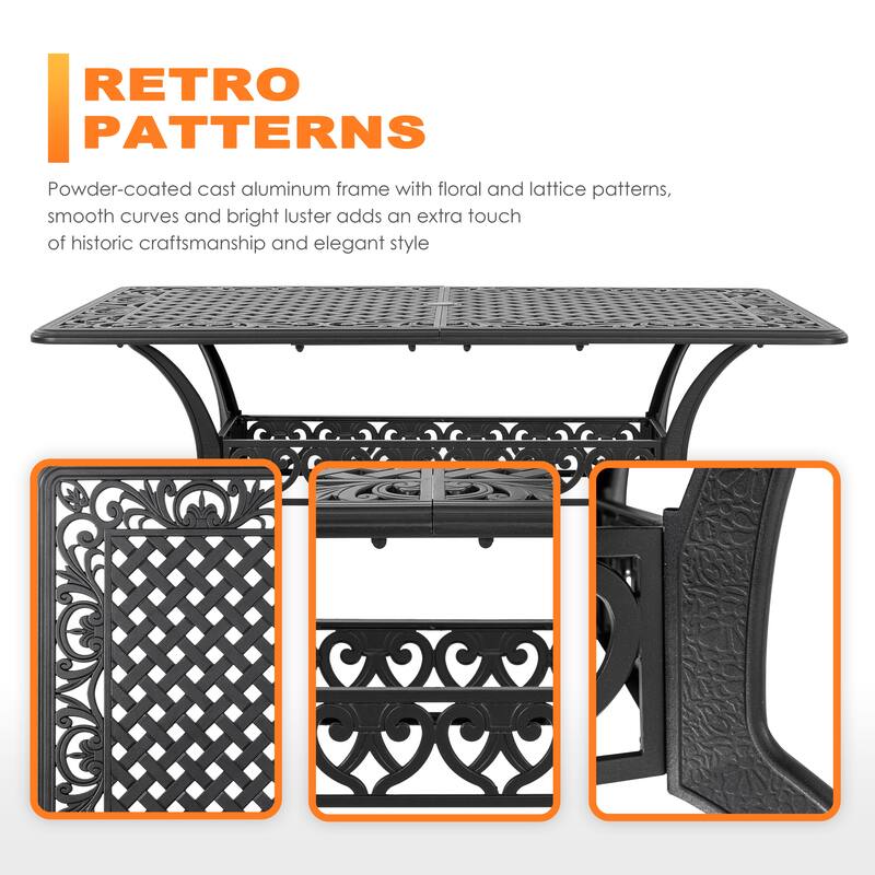Outdoor 7-Piece Cast Aluminum Dining Set, Lattice and Floral Patterns
