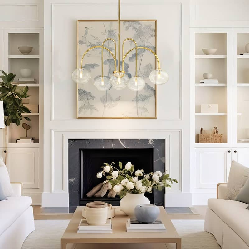 6-Light Modern Brass Chandelier with Clear Glass Globes - Contemporary Ceiling Light for Living Room - 6 Light