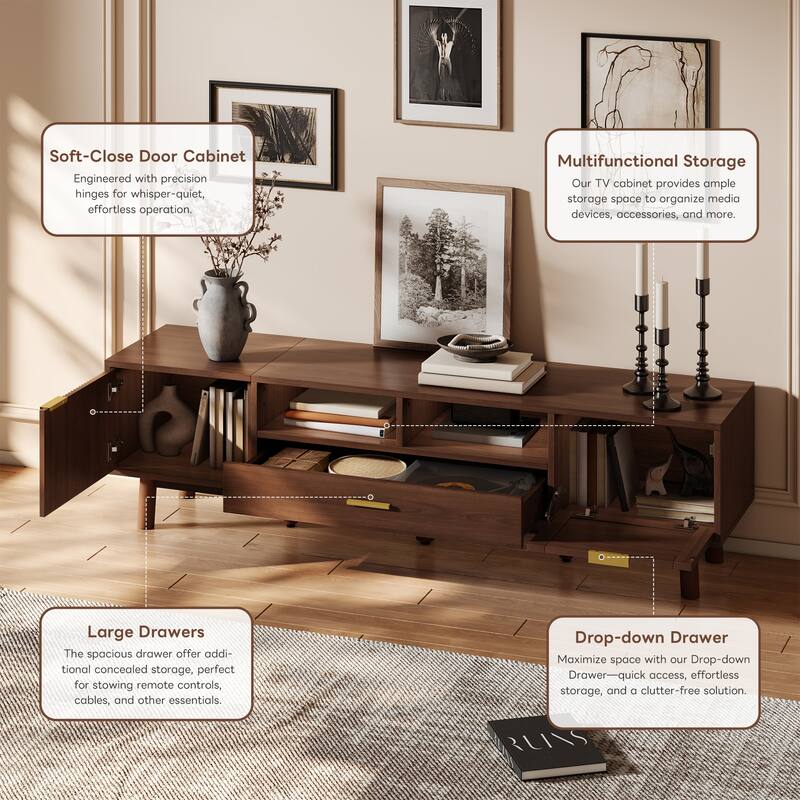Wood Fashionable TV Stand for 75" TVs, TV Cabinet with Soft-Closing Door and Drop-Down Door Cabinet, Modern TV Consoles