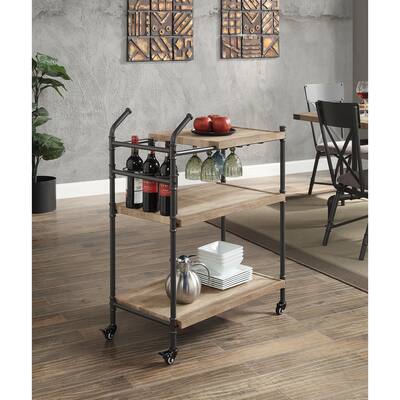 Traditional Style Wooden Bar Cart, Metal Frame Serving Cart with Racks