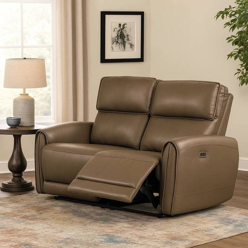 Sily Power Reclining Loveseat, Light Brown Faux Leather, 57 Inch, USB