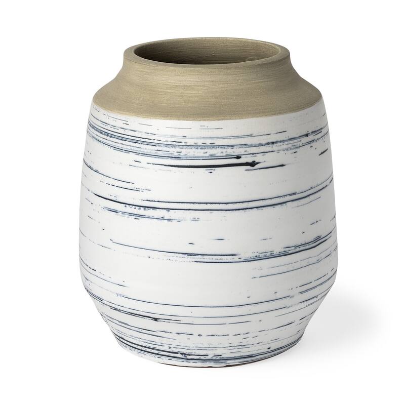 Blue Sand And White Abstract Cylinder Ceramic Table Vase - 10"