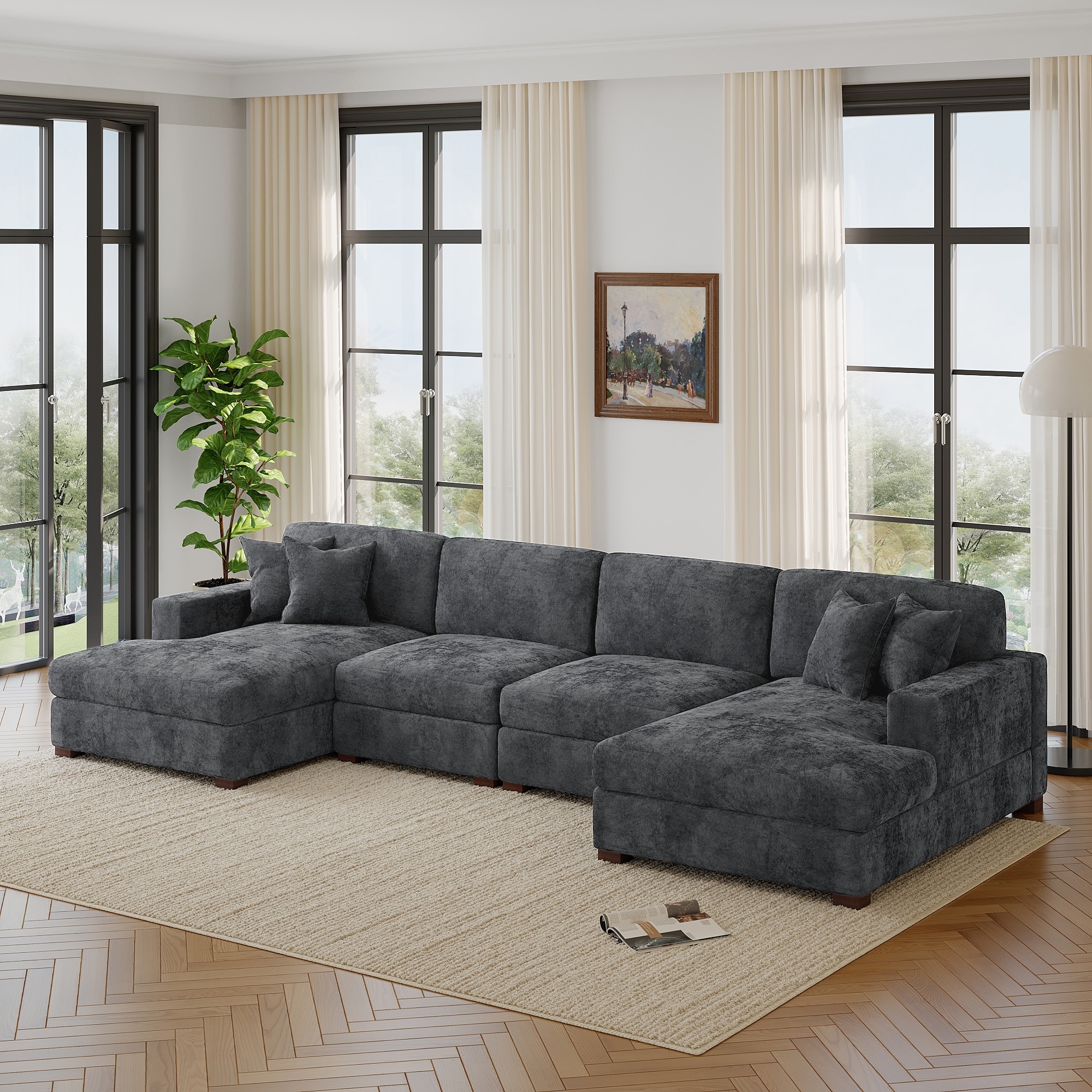 Modern Upholstered Chenille Modular Sectional Sofa with 2 Chaise - 3-Piece